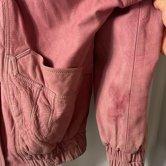 Maggie Lawrence pink leather zip/snap close fox fur trim bomber jacket Sz M PINK - Picture 8 of 13